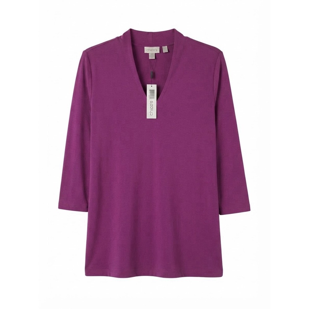 Chicos L Top Purple New Fall 3/4 Sleeve Vneck Chic Capsule Basic Stretch